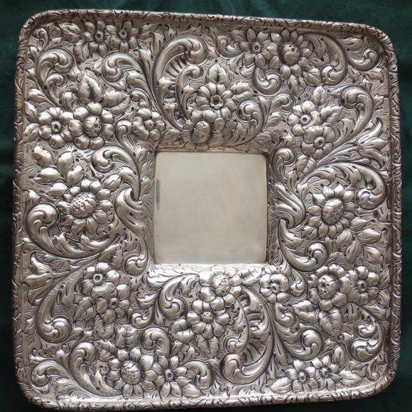 RARE Antique Floral Reppouse Sterling Silver Victorian Dresser Decorative Plate - Picture 1 of 8